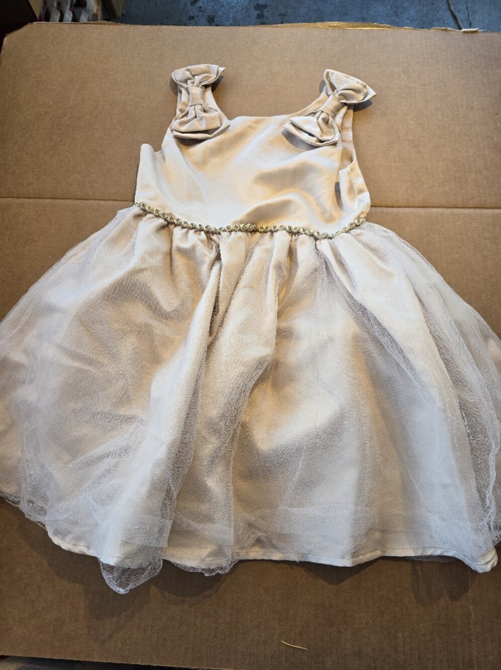 Girls' Cream Tulle Party Dress with Beaded Waist